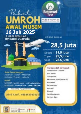 Paket Umroh Hemat Awal Musim, Umrah 1447 H,  Btt - Attaqwa, 9 hari, Keberangkatan 16 Juli 2025 